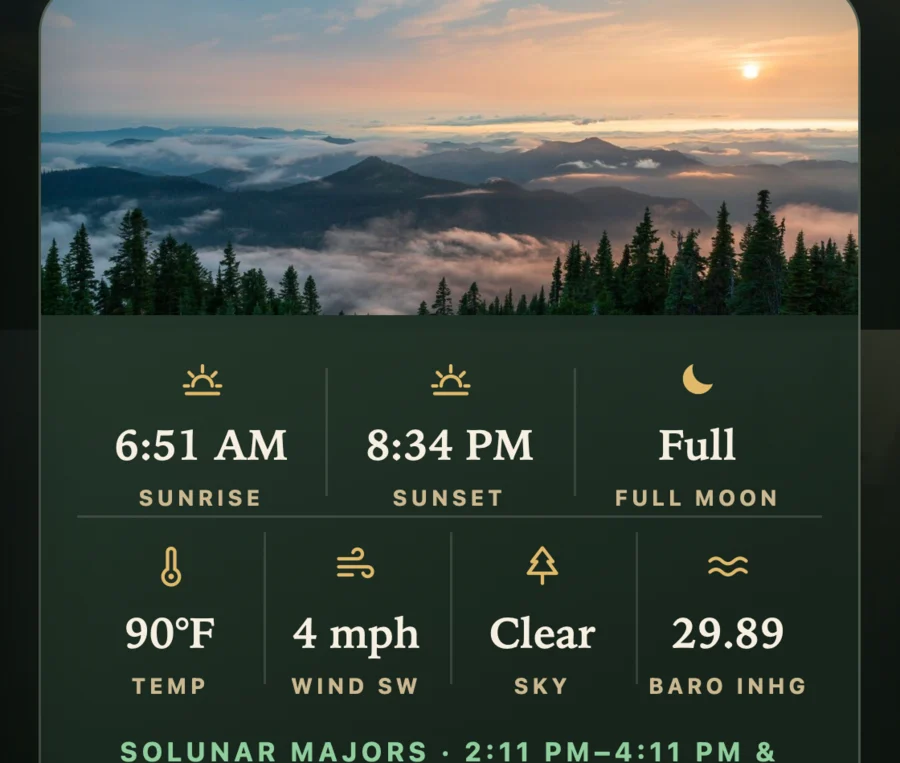 The Crockett conditions card showing sunrise, sunset, moon phase, temperature, wind, sky and barometric pressure, with solunar majors and shooting light