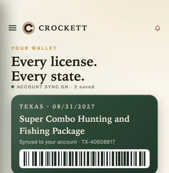 The Crockett wallet listing Texas, Louisiana and Montana licenses with barcodes