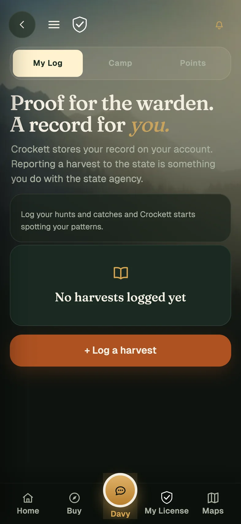 Crockett harvest and catch journal, showing its introductory screen