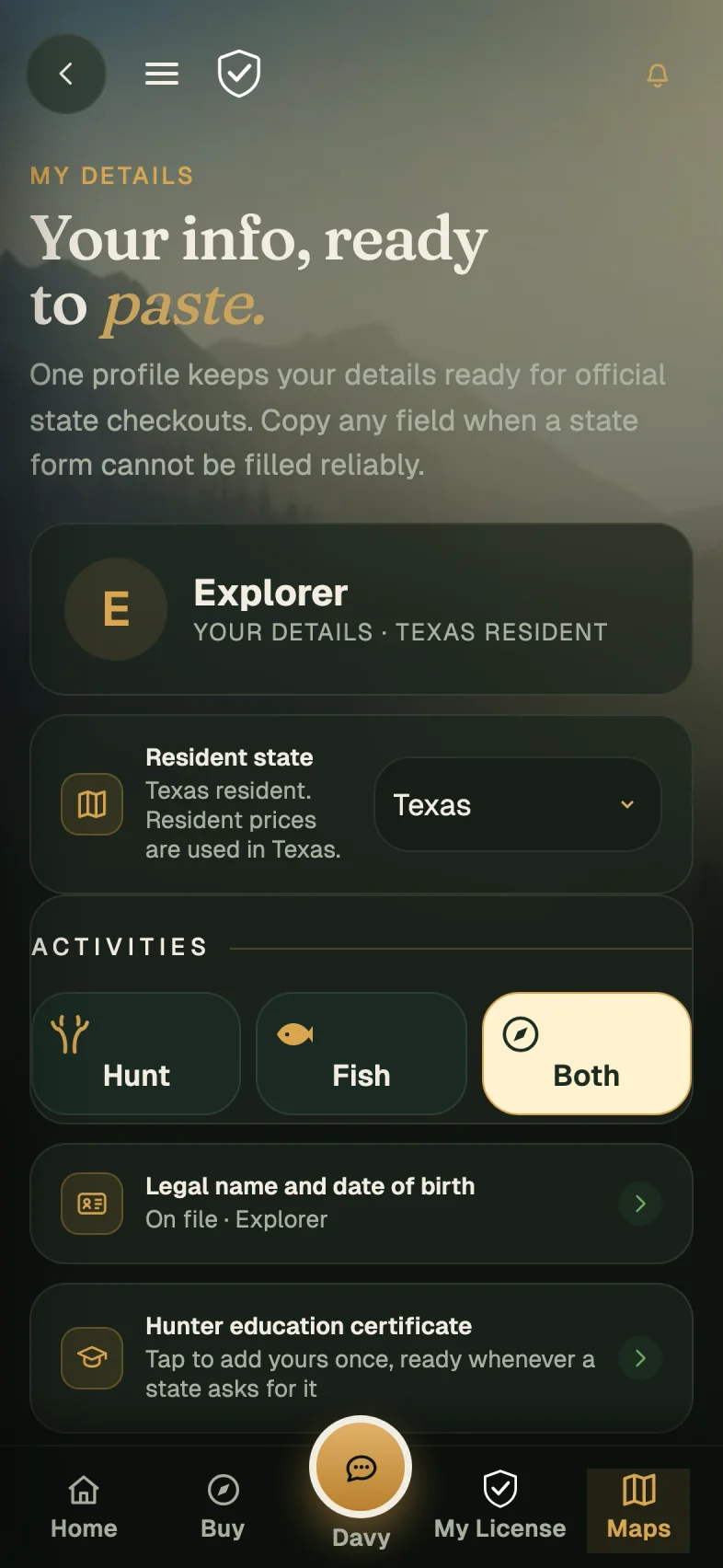 Crockett profile screen with example data